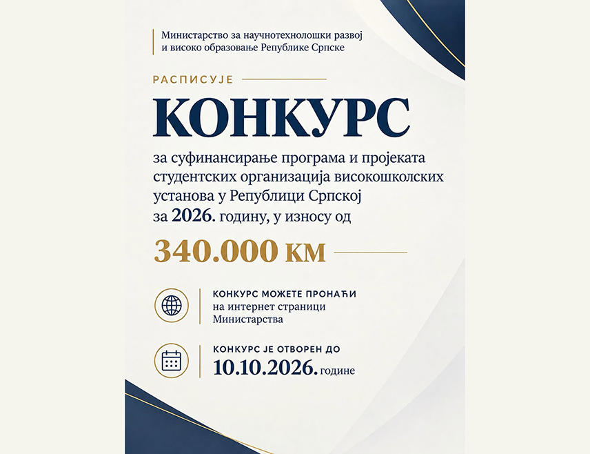 БАЊАЛУКА, 10. СЕПТЕМБРА /СРНА/ - Министарство за научнотехнолошки развој и високо образовање Републике Српске расписало је конкурс за суфинансирање програма и пројеката студентских организација високошколских установа у Српској за ову годину, за шта је предвиђено 340.000 КМ, а пријаве се шаљу до 10. октобра.