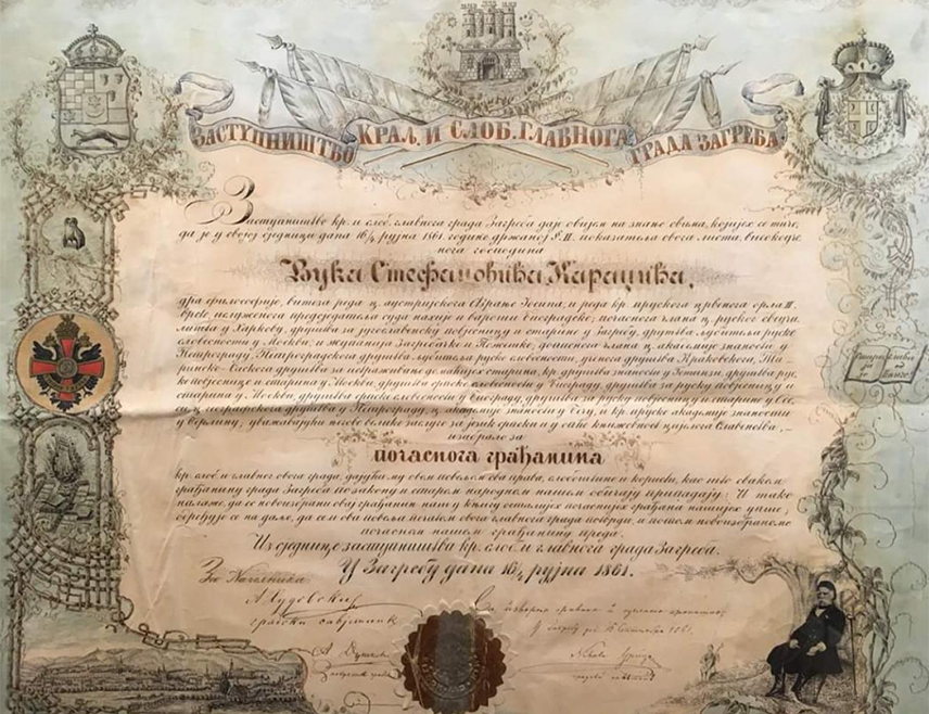 БИЈЕЉИНА, 15. СЕПТЕМБРА /СРНА/ - Загребачко градско заступништво додијелило је Вуку Стефановићу Караџићу 16. септембра 1861. године Повељу почасног грађанина, којом су му дата "сва права, слобоштине и користи као што сваком грађанину Загреба по закону и старом народном обичају припадају".