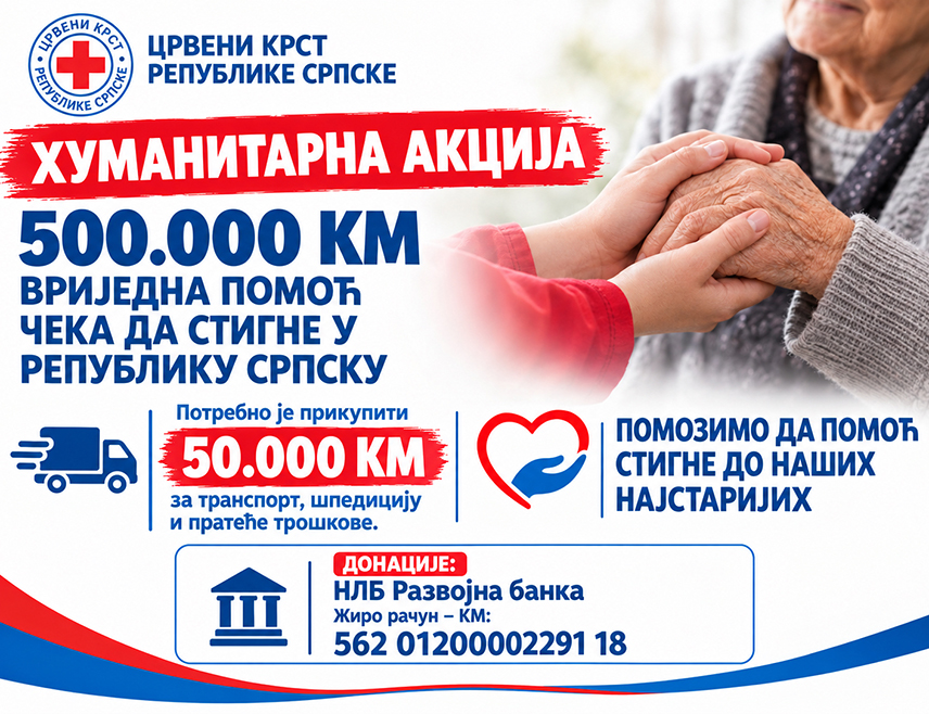 ПАЛЕ, 7. ОКТОБРА /СРНА/ - Црвени крст Републике Српске покренуо је акцију прикупљања 50.000 КМ за транспорт, шпедицију и пратеће трошкове увоза донације опреме из Њемачке вриједности око 500.000 КМ за социјално угрожено становништво у Српској.