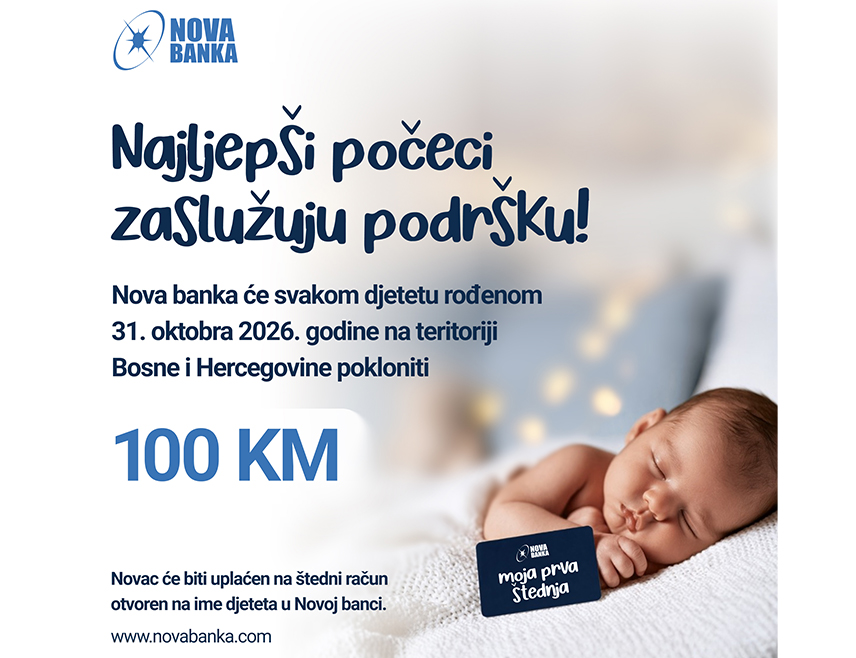 БАЊАЛУКА, 28. ОКТОБРА /СРНА/ - Нова банка ће поклонити 100 КМ сваком дјетету рођеном на 31. октобар, када се обиљежава Међународни дан штедње.